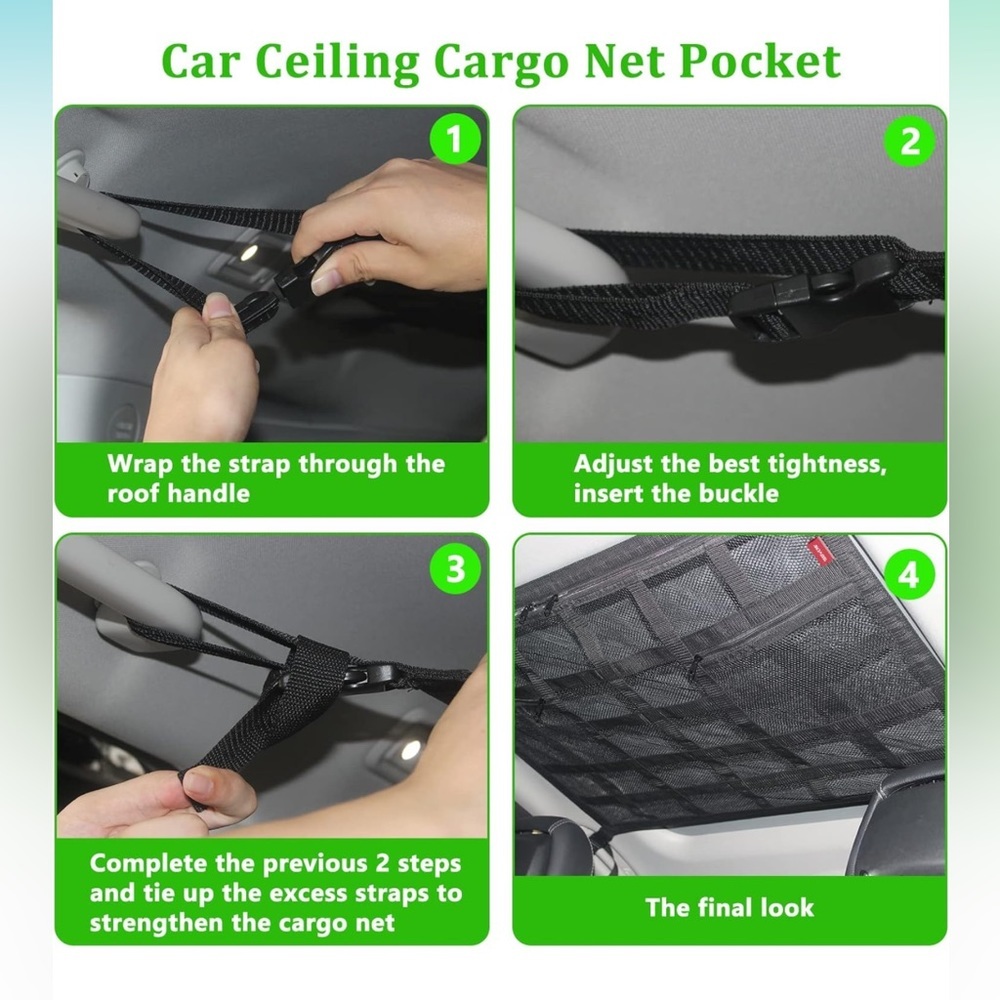 Car Ceiling Cargo Net Pocket 36.7X 26.5in Large Size with 3 Zipper Storage Bags - Picture 6 of 7